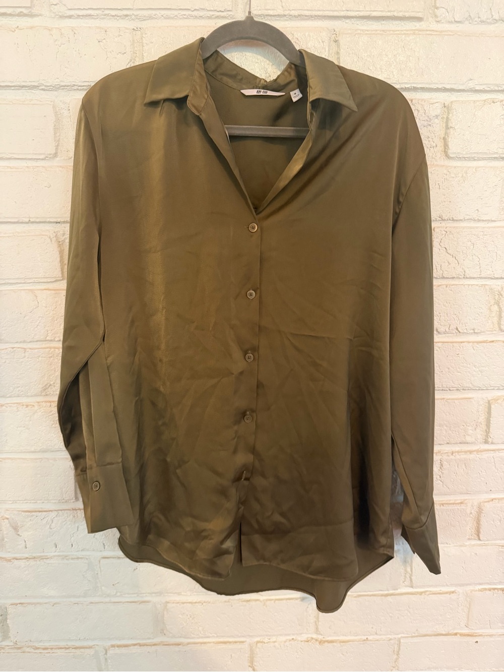 Uniqlo Olive Green Satin Button Up Blouse M